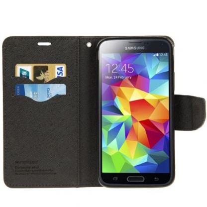 Mercury Series Flip Cover - кожен хоризонтален калъф с поставка за Samsung Galaxy S5 (черен) 2