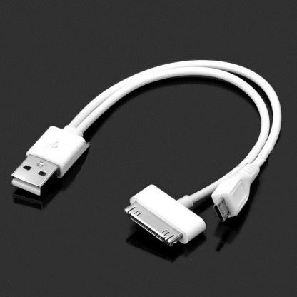 USB Кабел 2 в 1 - Apple dock конектор и microUSB конектор към USB (бял)  2