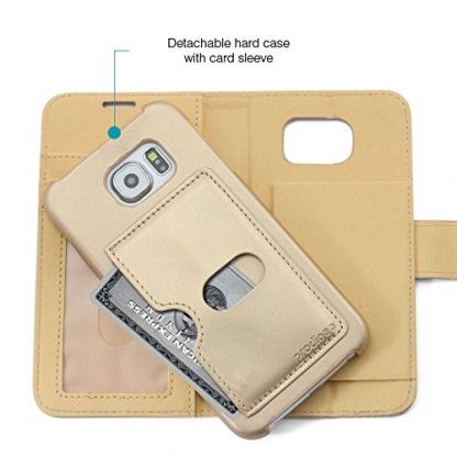 Prodigee Wallegee+ Case - кожен калъф, тип портфейл с отделящ се кейс и поставка за Samsung Galaxy S7 (златист) 5