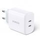Ugreen Travel Wall Charger Power Delivery 40W - захранване за ел. мрежа смартфони и таблети с 2xUSB-C изхода и с технология за бързо зареждане (бял) thumbnail