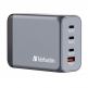 Verbatim GaN Fast Wall Charger 240W - захранване за ел. мрежа за мобилни устройства с 1xUSB-A и 3xUSB-C изходи с технология за бързо зареждане и преходници за цял свят (тъмносив) thumbnail
