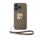 DKNY Stack Logo Wrist Strap Leather Hard Case - дизайнерски кожен кейс с връзка за носене за iPhone 15 Pro (бежов) thumbnail