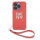 DKNY Stack Logo Wrist Strap Leather Hard Case - дизайнерски кожен кейс с връзка за носене за iPhone 14 Pro (червен) thumbnail