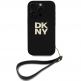 DKNY PU Leather Stack Logo Wrist Strap Case - дизайнерски кожен кейс с връзка за носене за iPhone 16 Pro Max (черен) thumbnail