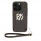 DKNY PU Leather Stack Logo Wrist Strap Case - дизайнерски кожен кейс с връзка за носене за iPhone 16 Pro (тъмнозелен) thumbnail