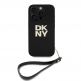 DKNY PU Leather Stack Logo Wrist Strap Case - дизайнерски кожен кейс с връзка за носене за iPhone 16 Pro (черен) thumbnail
