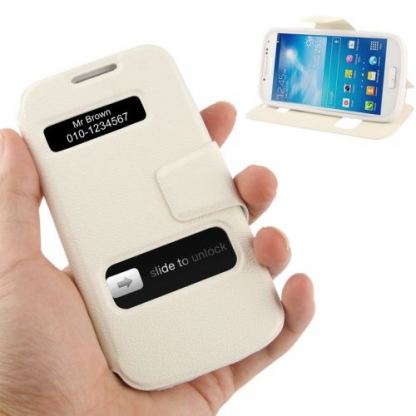 Flip ID Caller  - кожен хоризонтален калъф за Samsung Galaxy S4 (бял)