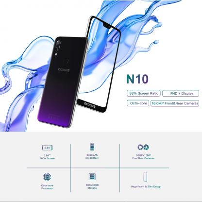 DOOGEE N10, 5.84" FullHD безрамков дисплей, 8-ядрен 64Bit смартфон, 16MP+13MP двойна камера, 3GB RAM с 2 сим карти (преливащ) 5