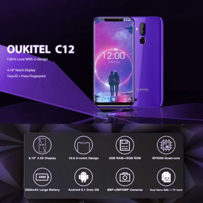OUKITEL C12, 6.18"  безрамков дисплей, 4-ядрен 64Bit смартфон, двойна камера, 2GB RAM с 2 сим карти (Gold) 5