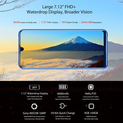 OUKITEL K9, FHD+ 7.12 инча , 4GB+64GB памет, 8-ядрен, 6000 mAh батерия, Dual Sim, Android 7, Цена (черен) 5