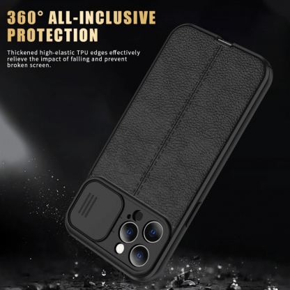 CamShield Silicone Case - силиконов кейс с кожена текстура за iPhone 13 Pro Max (черен) 2