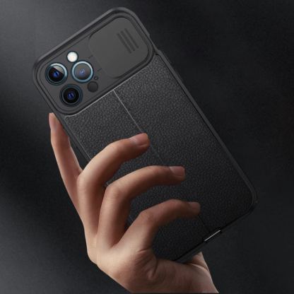 CamShield Silicone Case - силиконов кейс с кожена текстура за iPhone 13 Pro (черен) 5