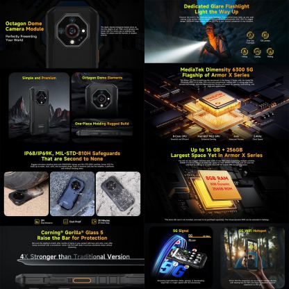 Ulefone Armor X32 Pro, 5G, Удароустойчив (8GB+8GB) + 256GB,  64MP Камера + Нощно виждане, Батерия 5500mAh (черен-orange) 6