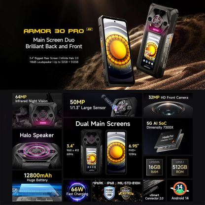 Ulefone Armor 30 Pro, 5G, Удароустойчив (16GB+16GB) + 512, 50MP Камера + Нощно виждане, Батерия 12800mAh (черен-orange) 7