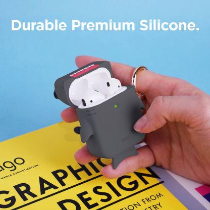 Elago Airpods Shark Design Silicone Case - силиконов калъф с карабинер за Apple Airpods и Apple Airpods 2 (сив) 4