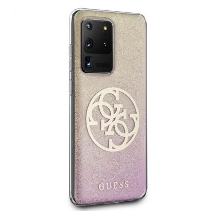 Guess Glitter 4G Circle Logo Case - дизайнерски кейс с висока защита за Samsung Galaxy S20 Ultra (розов) 5