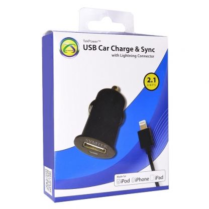 Symtek Car Charger 2.1A and MFI Lightning Cable - зарядно за кола 2.1A с USB изход и Lightning кабел за iPhone, iPad и iPod с Lightning порт (черен) 3