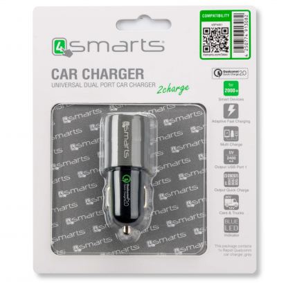 4smarts Qualcomm Rapid Quick Charge 2.0 In-Car Charger 4.5A - зарядно за кола с технология за бързо зареждане (4.5 Ампера) с 2 USB изхода (черен-сив) 2