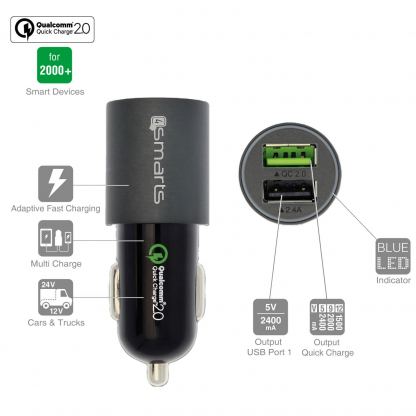 4smarts Qualcomm Rapid Quick Charge 2.0 In-Car Charger 4.5A - зарядно за кола с технология за бързо зареждане (4.5 Ампера) с 2 USB изхода (черен-сив) 3