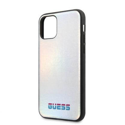 Guess Iridescent Leather Hard Case - дизайнерски кожен кейс за iPhone 11 Pro (сребрист) 3