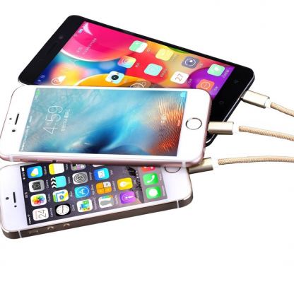 Devia Premium 3 in 1 Cable - универсален кабел с 2xLightning и MicroUSB конектори (златист) 3