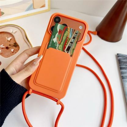 Силиконов (TPU) калъф за iPhone 18 Pro, iPhone 17 Pro - Silicone Case with Card Pocket and Crossbody Strap (оранжев) 2