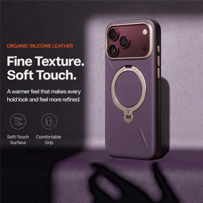 Кожен кейс с MagSafe и вградена поставка за iPhone 18 Pro, iPhone 17 Pro - Torras Ostand Q3 VegSkin MagSafe Case (purple) 4