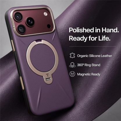 Кожен кейс с MagSafe и вградена поставка за iPhone 18 Pro, iPhone 17 Pro - Torras Ostand Q3 VegSkin MagSafe Case (purple) 7