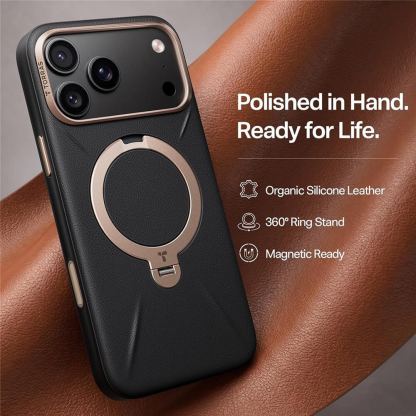 Кожен кейс с MagSafe и вградена поставка за iPhone 18 Pro, iPhone 17 Pro - Torras Ostand Q3 VegSkin MagSafe Case (black) 5