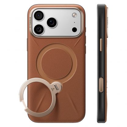 Кожен кейс с MagSafe и вградена поставка за iPhone 18 Pro, iPhone 17 Pro - Torras Ostand Q3 VegSkin MagSafe Case (brown) 2