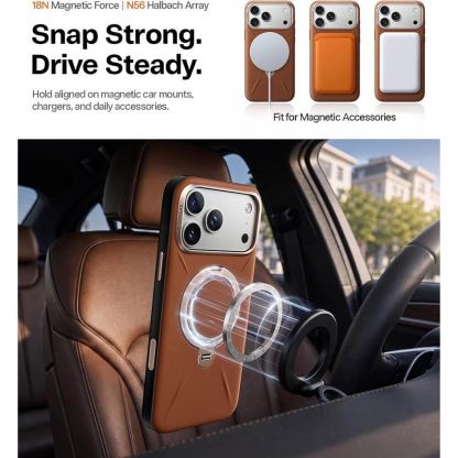 Кожен кейс с MagSafe и вградена поставка за iPhone 18 Pro, iPhone 17 Pro - Torras Ostand Q3 VegSkin MagSafe Case (brown) 5