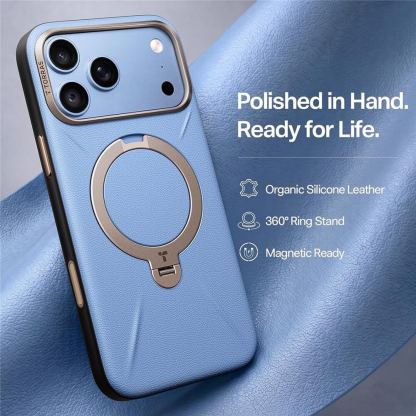 Кожен кейс с MagSafe и вградена поставка за iPhone 18 Pro, iPhone 17 Pro - Torras Ostand Q3 VegSkin MagSafe Case (blue) 6