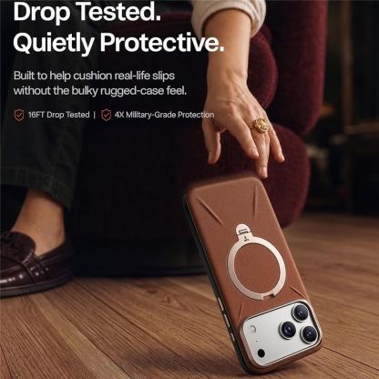 Кожен кейс с MagSafe и вградена поставка за iPhone 18 Pro Max, iPhone 17 Pro Max - Torras Ostand Q3 VegSkin MagSafe Case (brown) 4