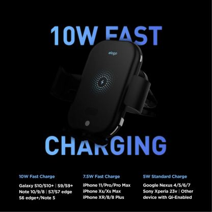Elago Wireless Car Charger with Auto Clamping Car Mount 10W - поставка за кола с безжично зареждане за QI съвместими смартфони (черен) 5