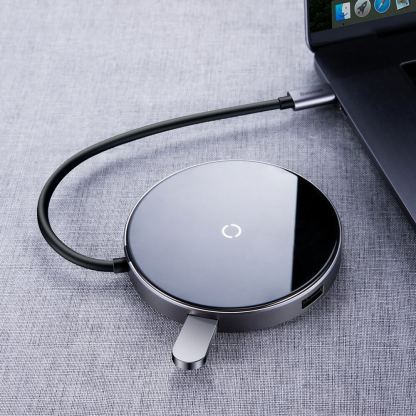 Baseus USB-C Circular Mirror Wireless Charger Hub (WXJMY-0G) - мултифункционален хъб за свързване на допълнителна периферия за устройства с USB-C и пад за безжично зареждане (тъмносив) 2
