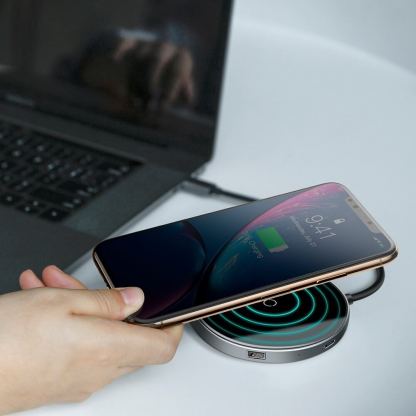 Baseus USB-C Circular Mirror Wireless Charger Hub (WXJMY-0G) - мултифункционален хъб за свързване на допълнителна периферия за устройства с USB-C и пад за безжично зареждане (тъмносив) 3