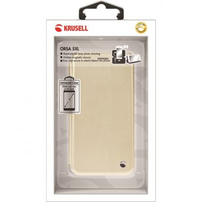 Krusell Orsa Folio Case 5XL - универсален кожен калъф  за смартфони до 6.3 инча, снабден със слот за кр. карти в златист цвят 7