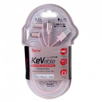 Torrii KeVable Universal USB Cable (1 meter) - изключително здрав кевларен кабел за iPhone, iPad, iPod с Lightning, устройства с microUSB и USB-C (1 метър) (розово злато) 3