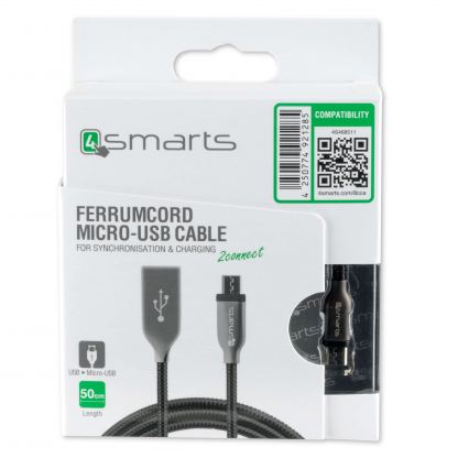 4smarts FerrumCord Stainless Steel MicroUSB Data Cable 0.5m. - компактен microUSB кабел с оплетка от неръждаема стомана (черен-сив) 3