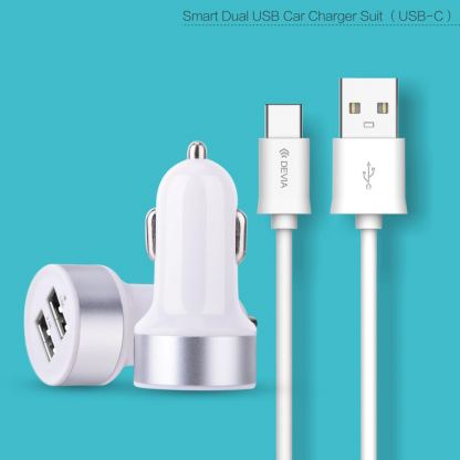 Devia Dual USB Smart Charger USB-C Suit - зарядно за кола с 2xUSB изхода и USB-C кабел за устройства с USB-C стандарт 3