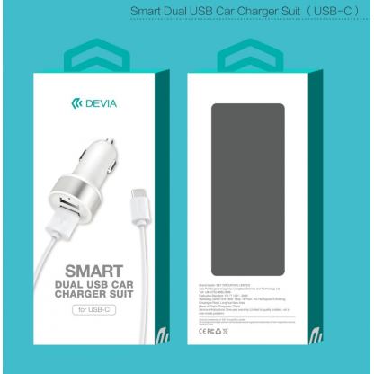 Devia Dual USB Smart Charger USB-C Suit - зарядно за кола с 2xUSB изхода и USB-C кабел за устройства с USB-C стандарт 4