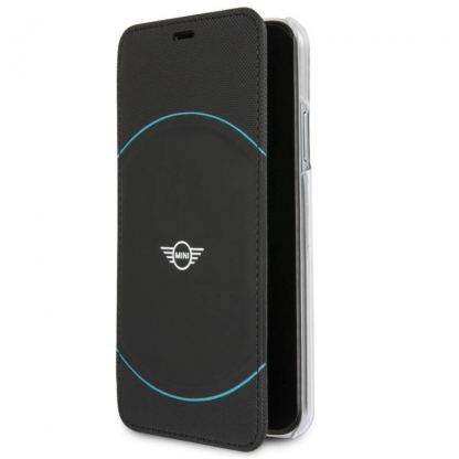 Mini Cooper Debossed Circle PU Leather Booktype Case - кожен калъф, тип портфейл за iPhone XS, iPhone X (черен) 7