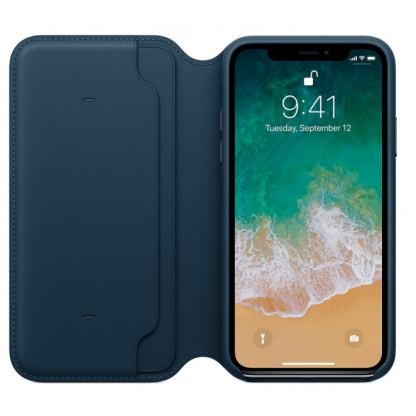 SDesign Original Leather Folio Case - качествен кожен (естествена кожа) калъф за iPhone XS,iPhone X (космическо синьо) 3