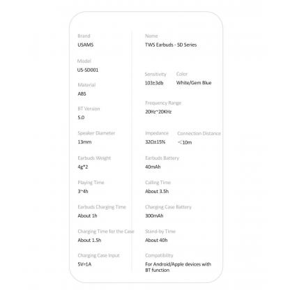 USAMS SD001 TWS Earbuds  - безжични блутут слушалки със зареждащ кейс (тъмносин) 7