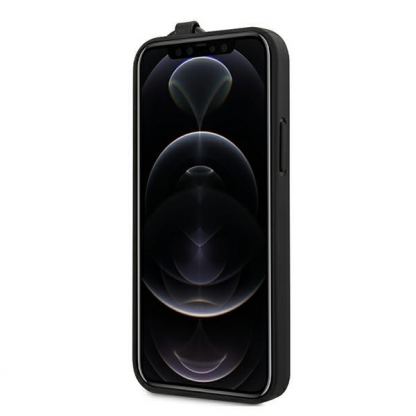 Mercedes Genuine Leather Strap Line Hard Case - дизайнерски кожен (естествена кожа) кейс с кожена лента за ръката за iPhone 12 Mini (черен) 5