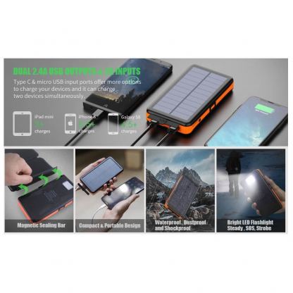 Сгъваем соларен панел с вградена батерия - Allpowers Solar Charger 6W + 25000mAh PowerBank (черен-оранжев) 2