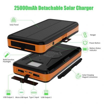 Сгъваем соларен панел с вградена батерия - Allpowers Solar Charger 6W + 25000mAh PowerBank (черен-оранжев) 6
