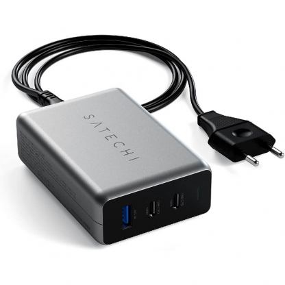 Satechi 100W USB-C PD Compact GaN Charger - захранване за ел. мрежа с 2xUSB-C PD изхода и USB 3.0 изход (сив) 2