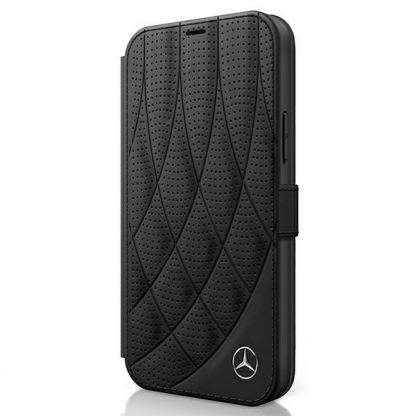 Mercedes-Benz Bow Line Booktype Leather Case - дизайнерски кожен калъф (естествена кожа), тип портфейл за iPhone 12 Pro Max (черен)