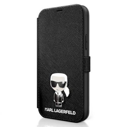Karl Lagerfeld Saffiano Ikonik Booktype Leather Case - дизайнерски кожен калъф, тип портфейл за iPhone 12 mini (черен) 2
